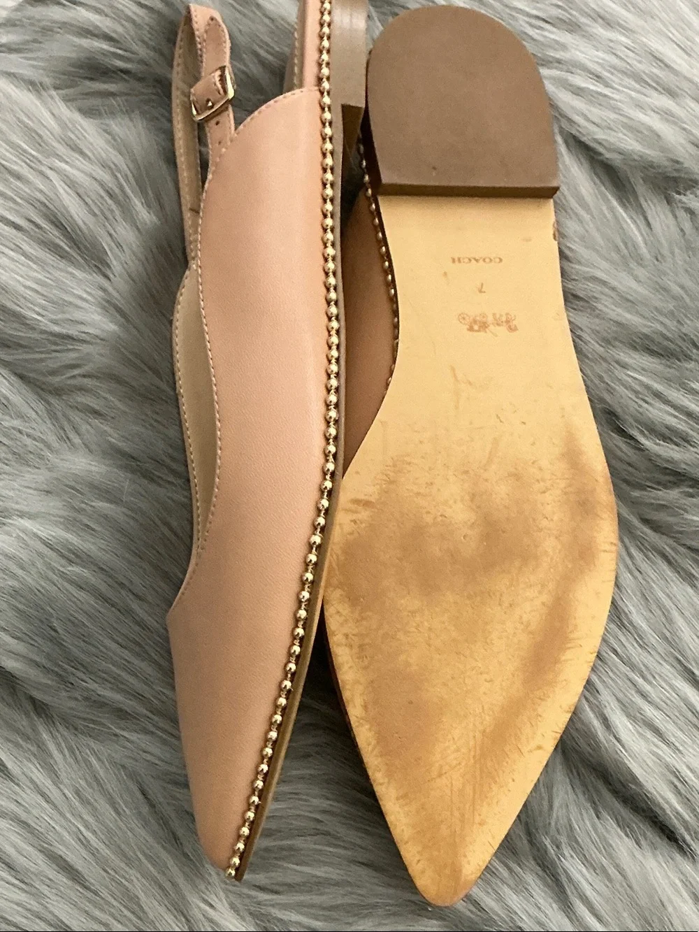 Coach Blush Pink Pointed-Toe Slingback Flats with Gold Stud Trim